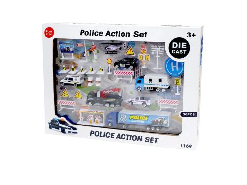 Nagy rendőrségi játékszett fém járművekkel és kiegészítőkkel (Die Cast 30 darabos)